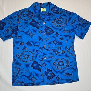 VINTAGE UI-MAIKAI COTTON HAWAIIAN SHIRT BLUE GOLD ISLANDS MENS SIZE MEDIUM